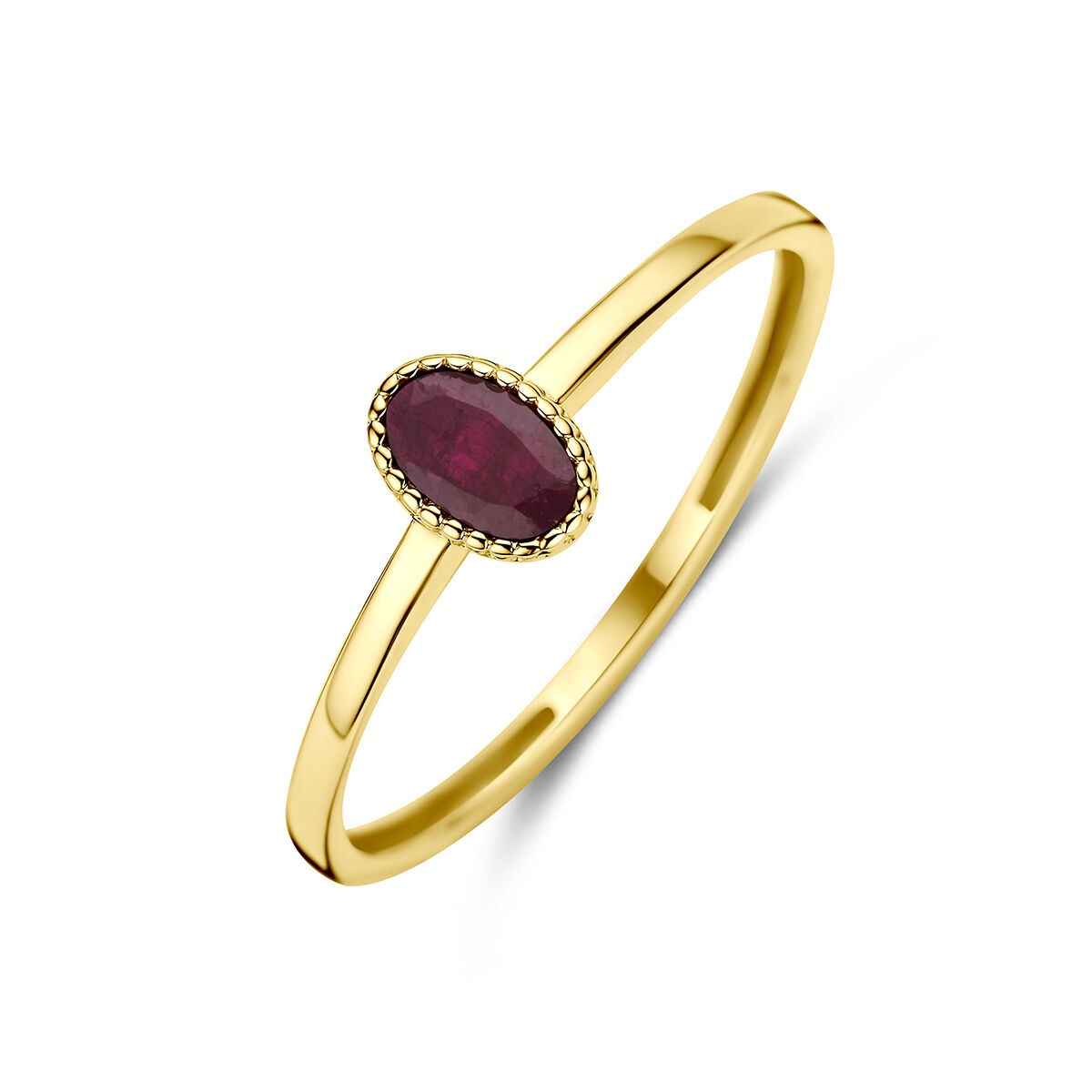 Anello in oro giallo 14k con rubino ovale incastonato.