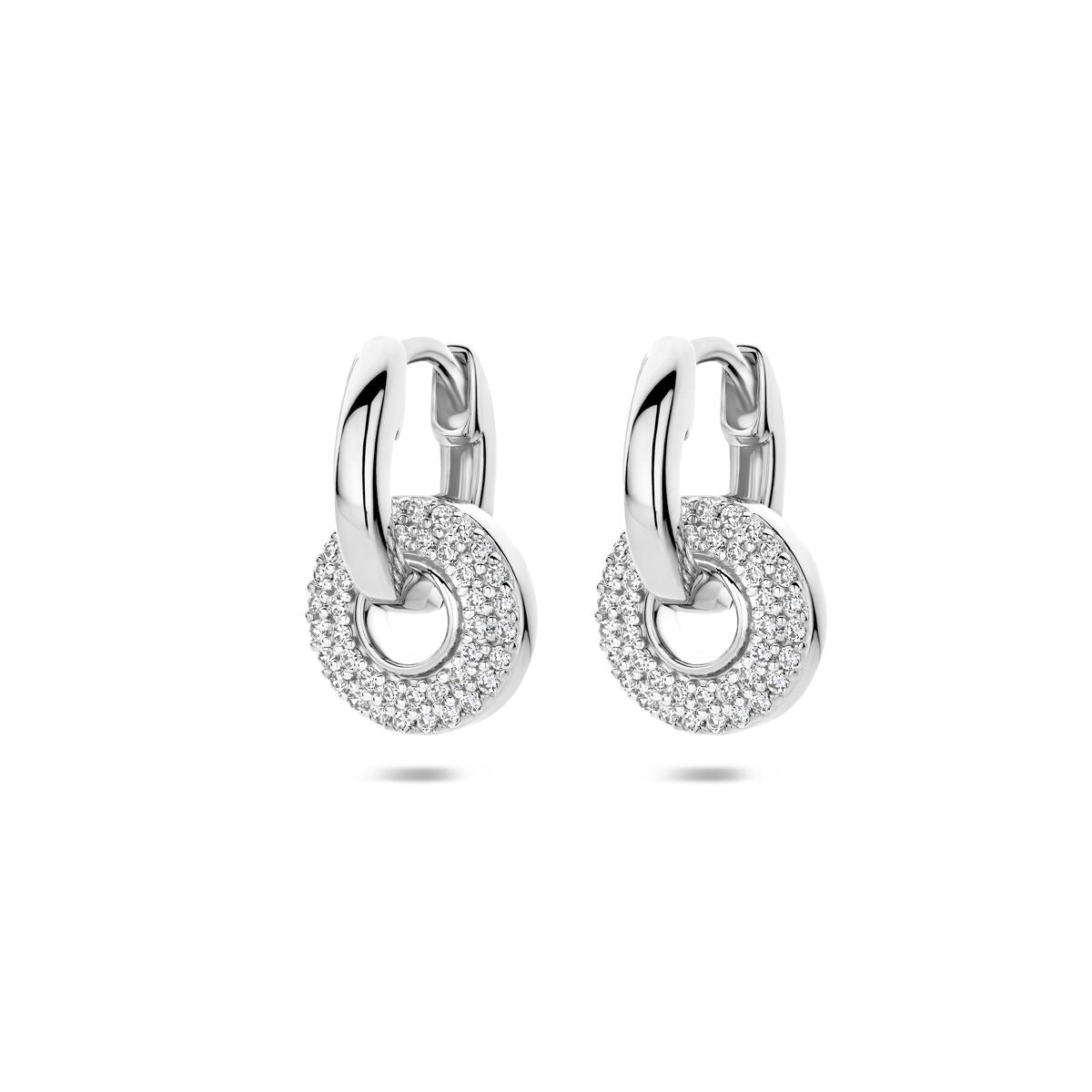 Orecchini argentati con zircone, finitura rodiata, forma circolare con dettagli brillanti.