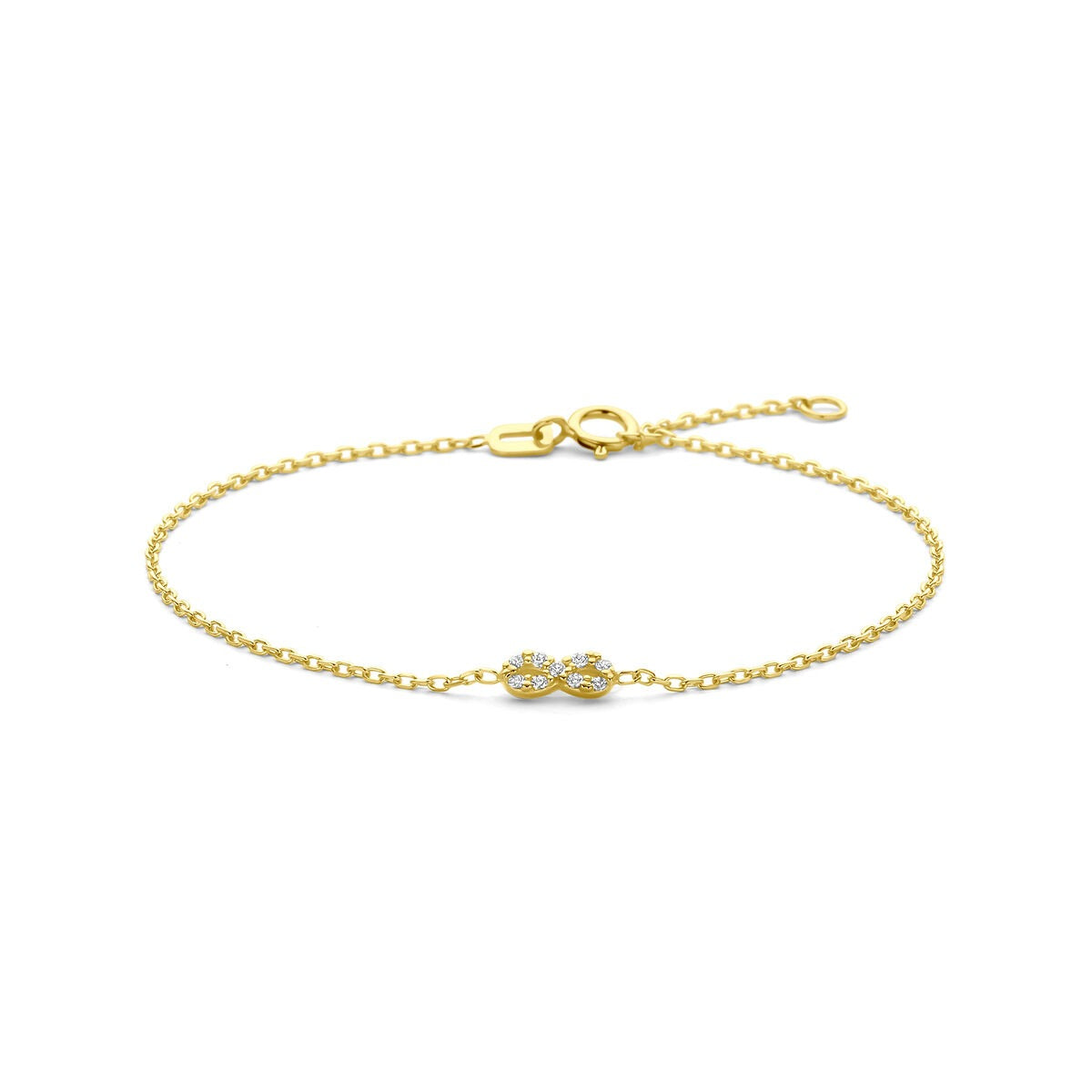 Bracciale in oro giallo 14k con simbolo dell'infinito e zircone.