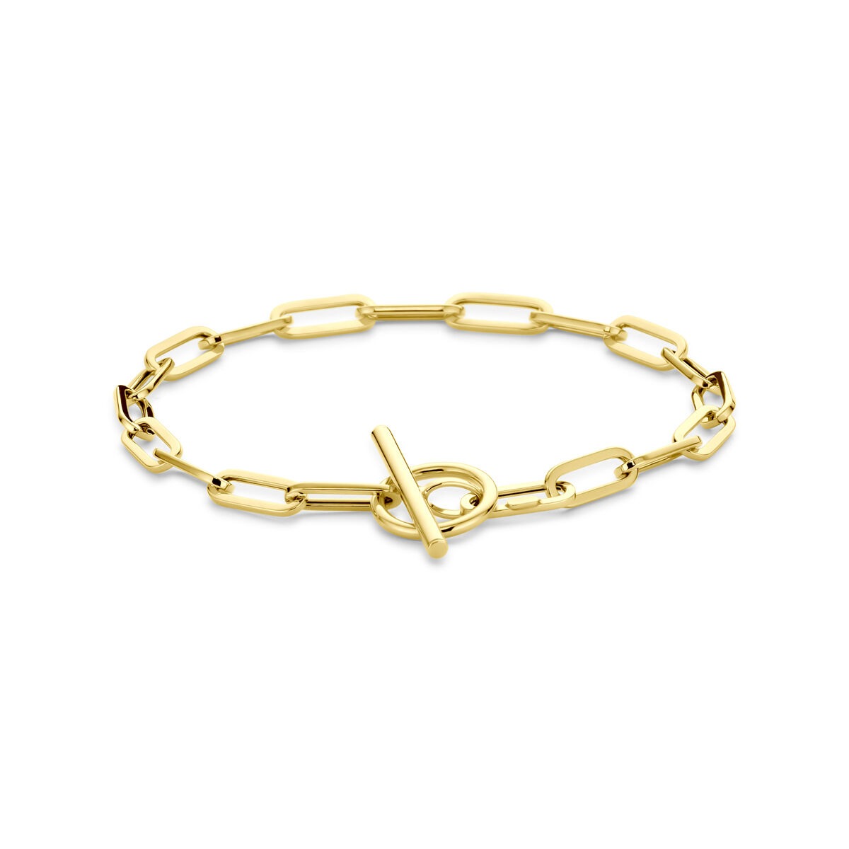 Bracciale da donna in oro giallo 14k con chiusura a capitello e maglie ad ancoraggio.
