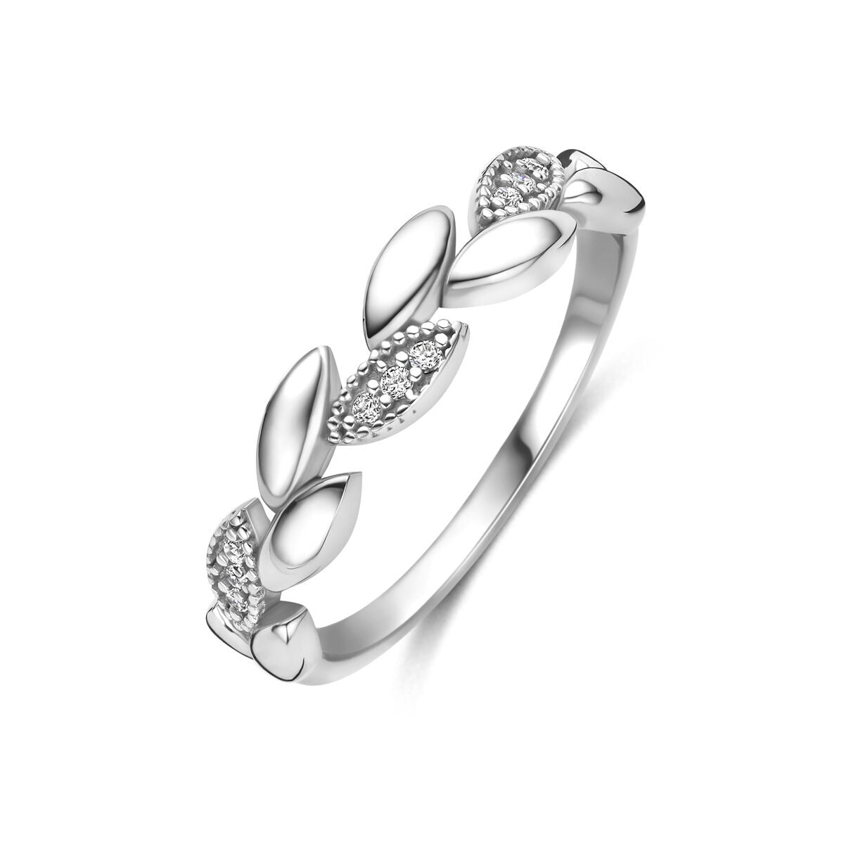 Anello in argento 925 rodiato con zircone, design a foglia.