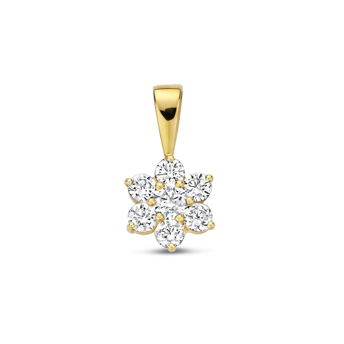 Gouden hanger in entourage stijl met zes zirkonia's in bloemvorm.
