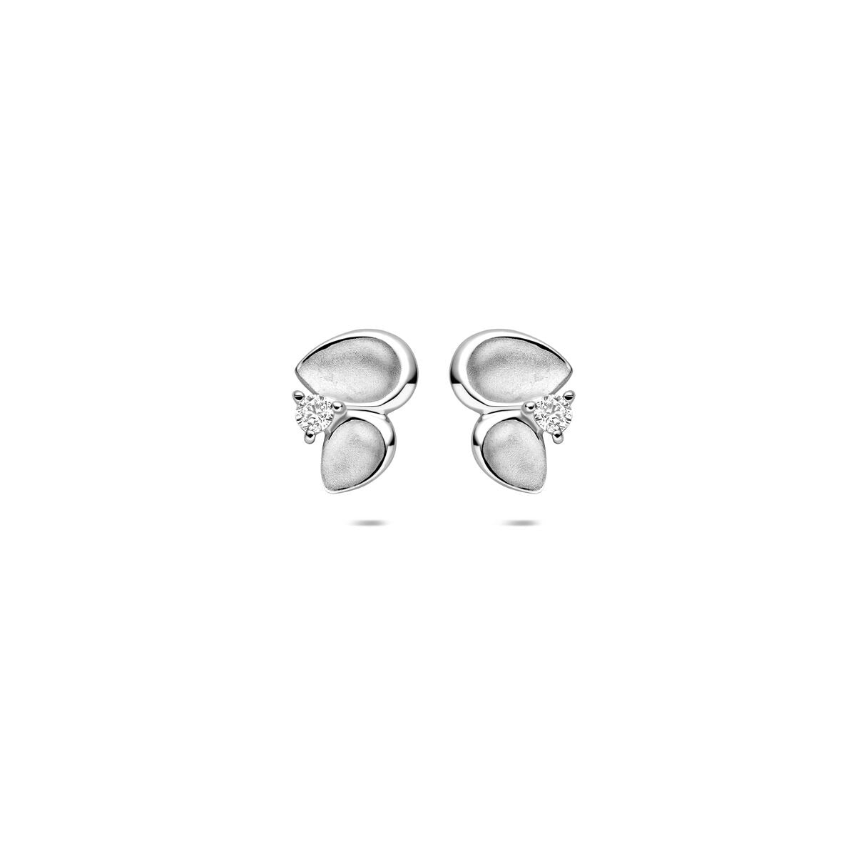 Orecchini in argento rodiato con zircone, forma a goccia e dettagli lucidi.