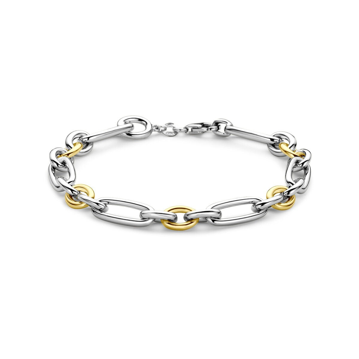 Bracciale in argento con dettagli in oro giallo a forma di ancoraggio.