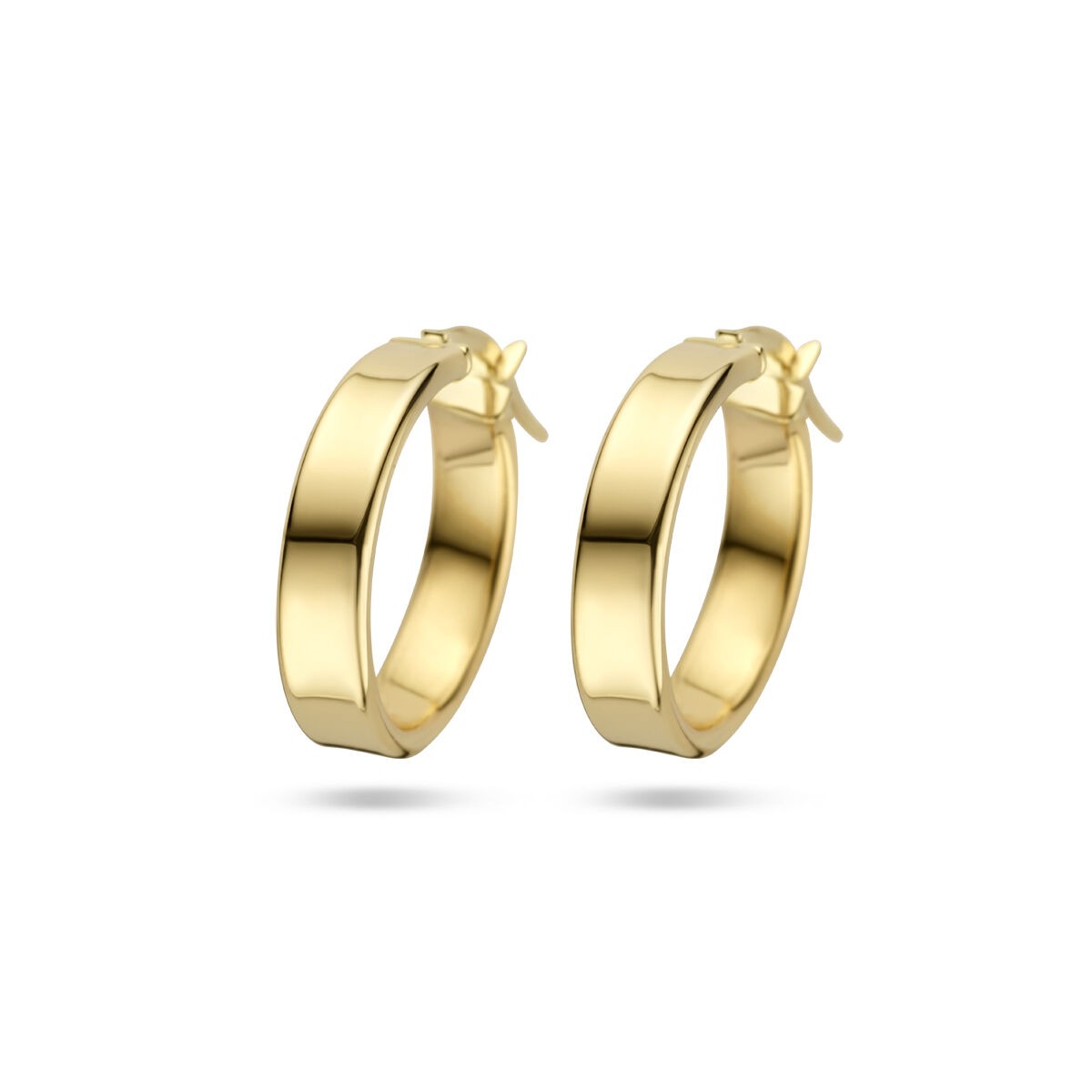 Orecchini in oro giallo 14k con spessore di 4 mm, forma circolare e finitura lucida.
