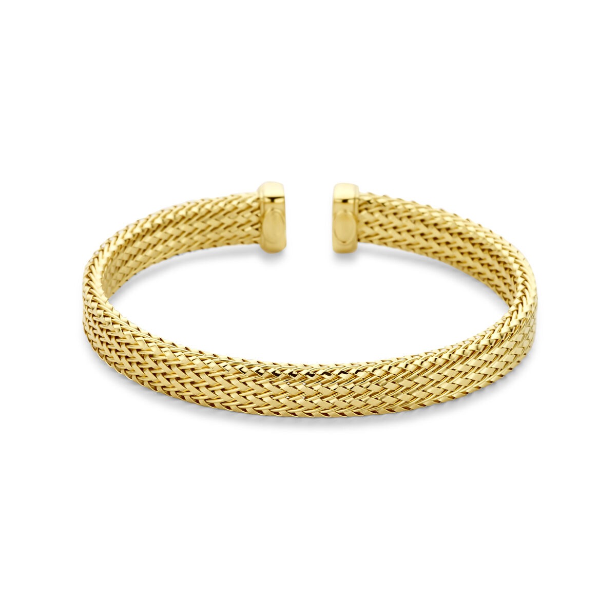 Bracciale in argento 925 dorato, di forma aperta, con una trama intrecciata e finitura lucida.