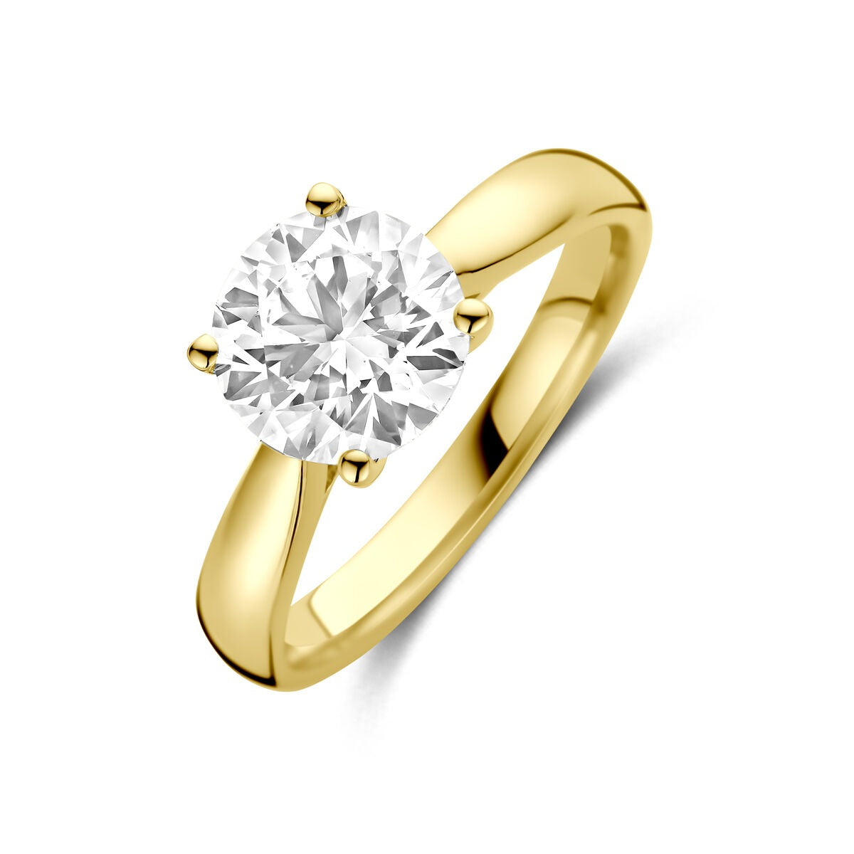 Anello in oro giallo 14k con diamante lab-grown da 2.00ct, montatura a quattro griffe.