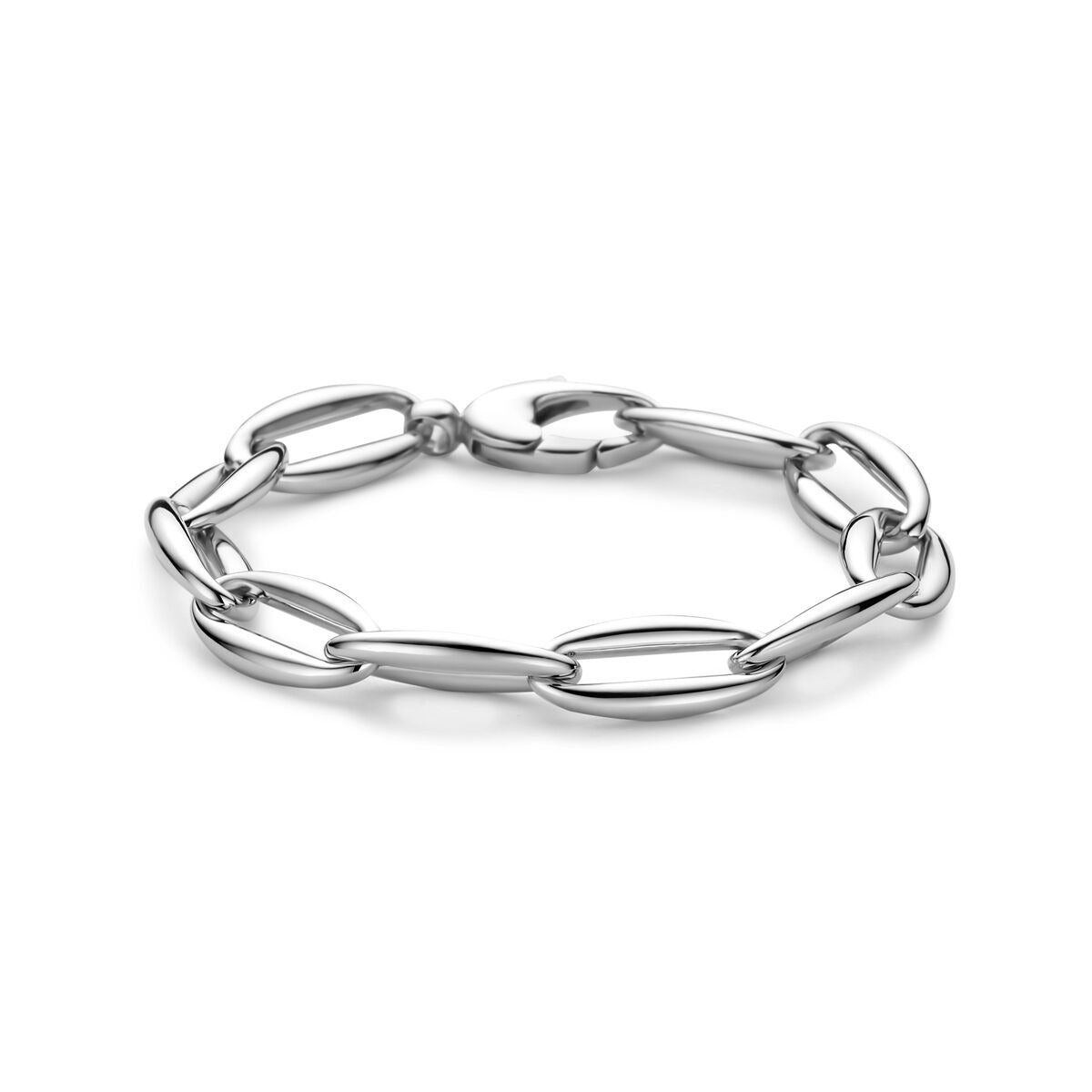 Gerhodineerde zilveren schakelarmband met ankerdesign en glanzende afwerking.