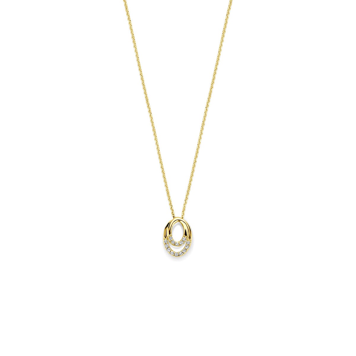 Collana in oro 14k con zirconi, pendente ovale in incastonatura entourage.