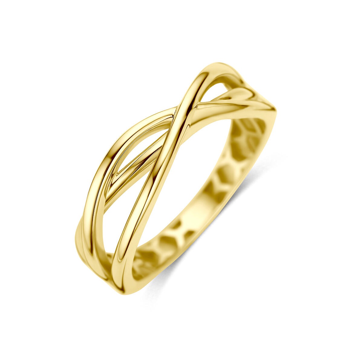Anello in oro giallo 9k con design intrecciato e finitura lucida.