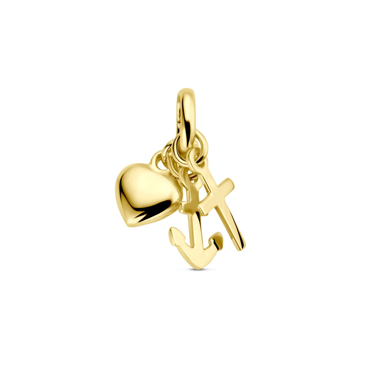 Ciondolo in oro giallo 9k con cuore, croce e ancora.