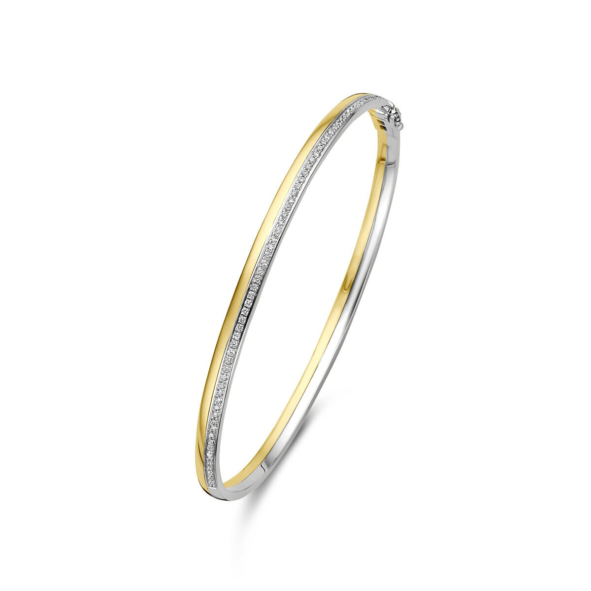 Bracciale bicolore in oro 14k con diamante, finitura lucida e design sottile.