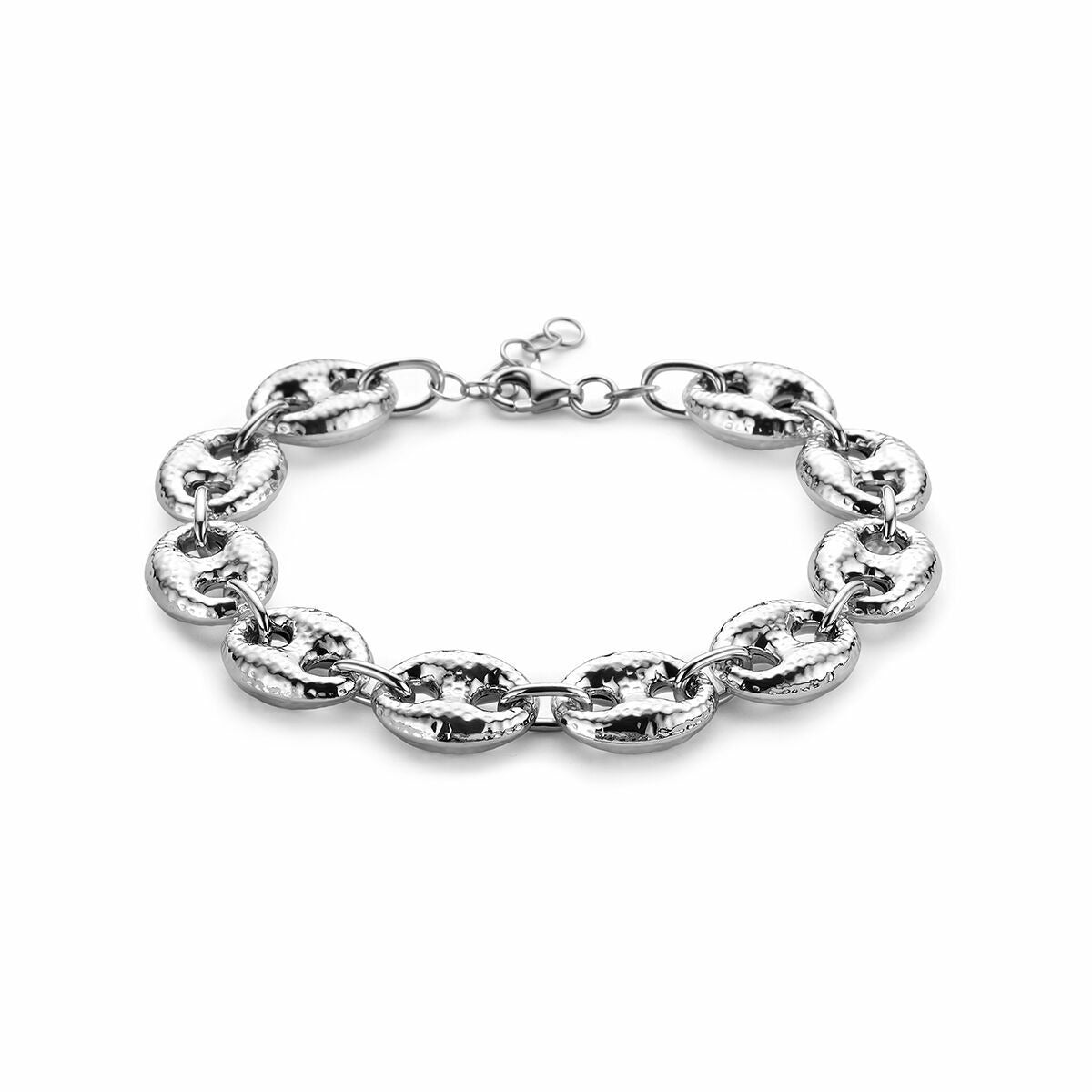 Bracciale da donna in argento rodiato con ampie maglie ad anello.