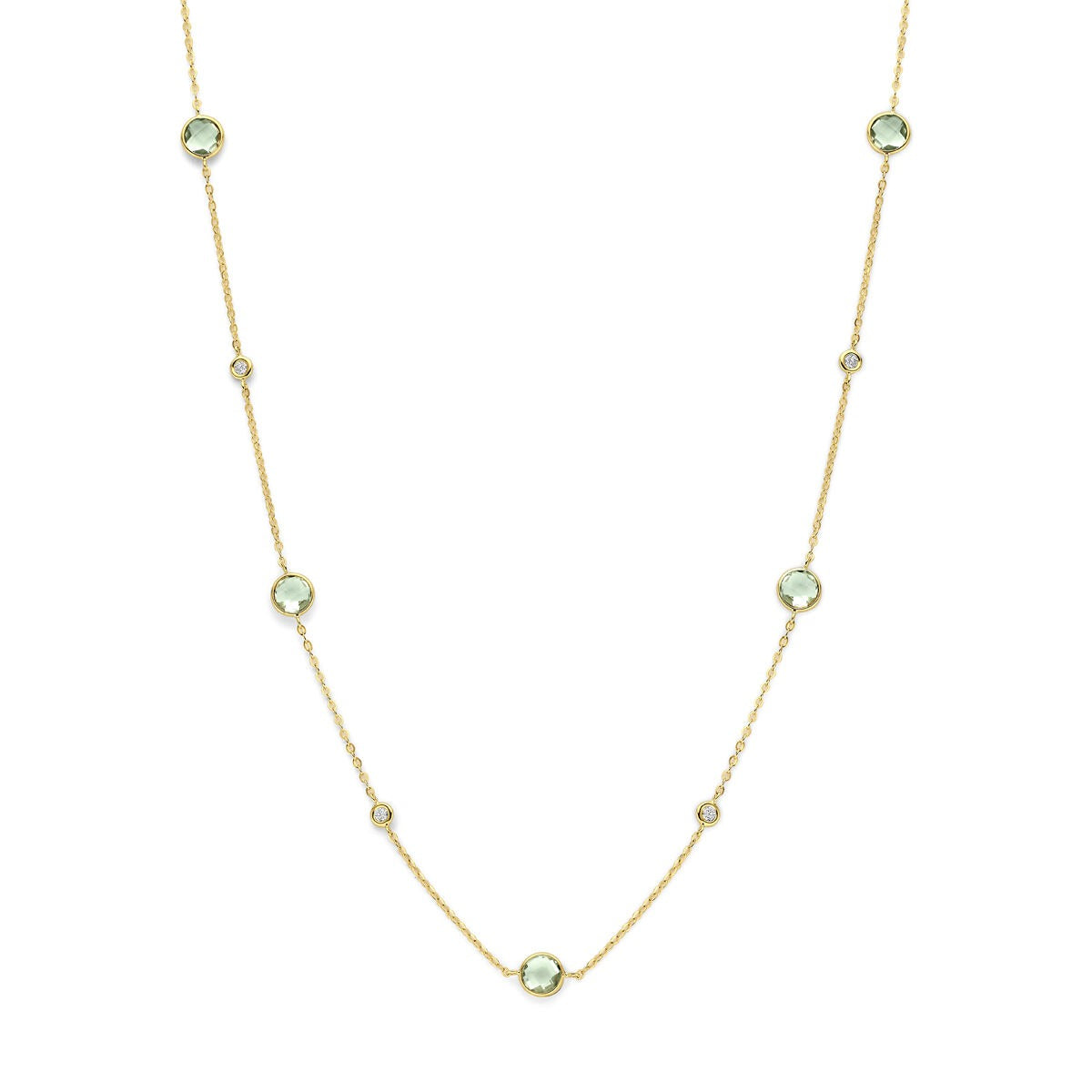 14k geelgouden collier met groene amethist en kleine diamanten, met een delicate schakelstructuur.
