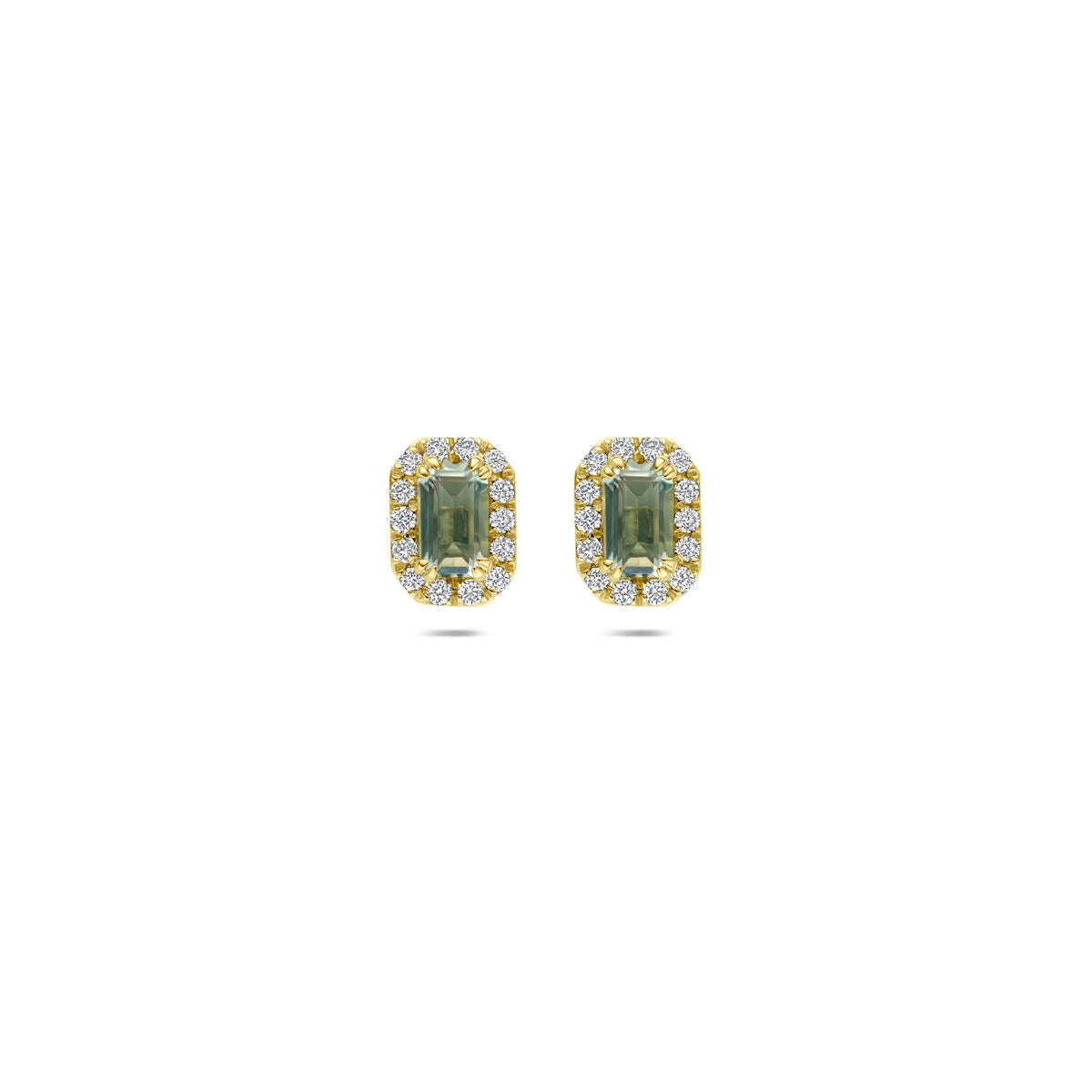 Orecchini in oro giallo 14k con ametista verde e diamante sintetico, forma rettangolare.