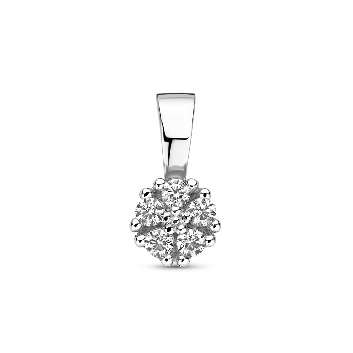 Ciondolo in argento 925 rodiato con zirconi, forma rotonda e dettagli brillanti.