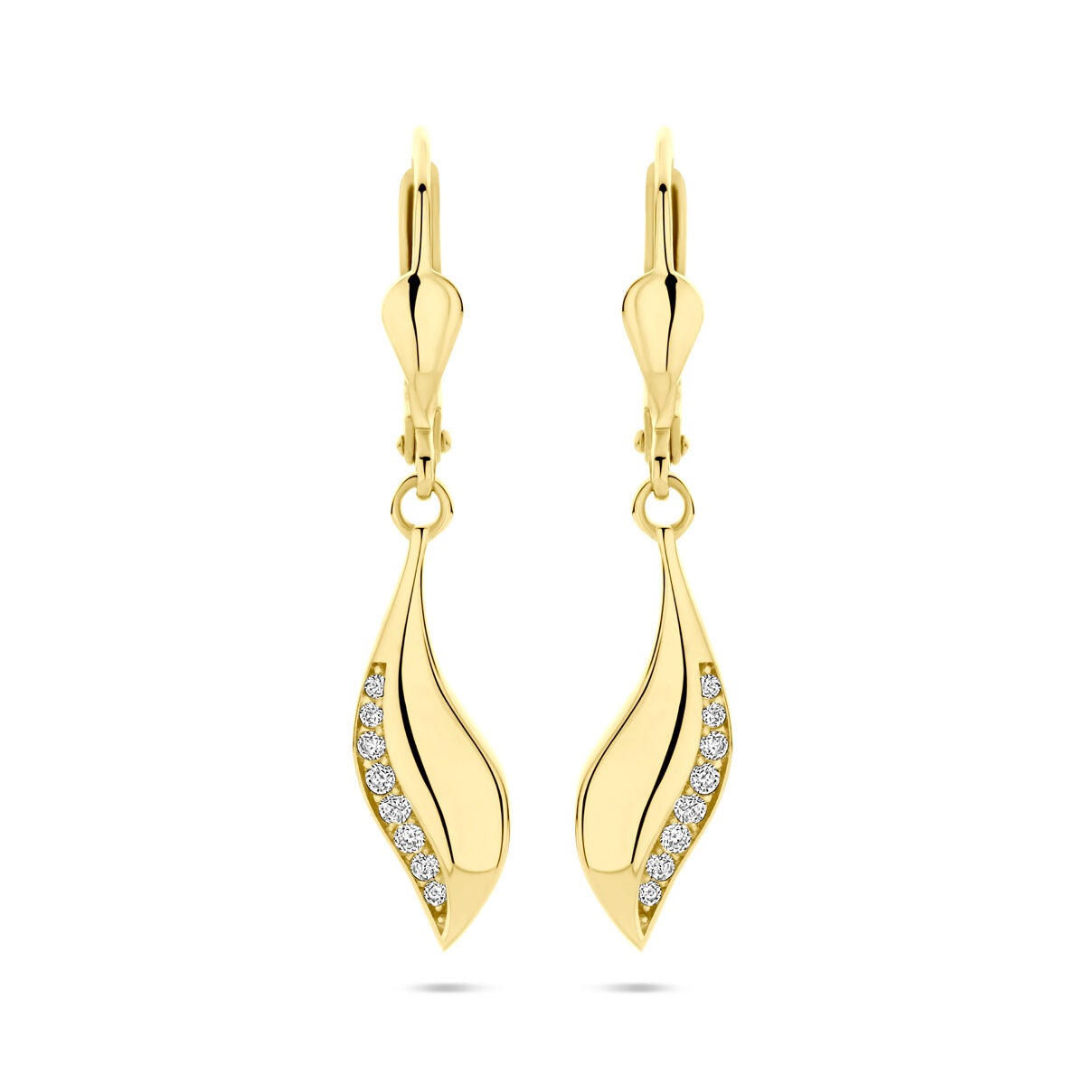 Orecchini in oro giallo 14k con zircone, altezza 32 mm, design a forma di foglia.