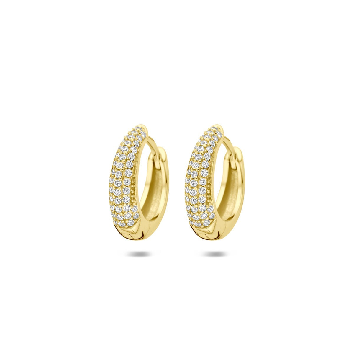 Orecchini in argento 925 dorato con zircone, forma a cerchio con dettagli scintillanti.
