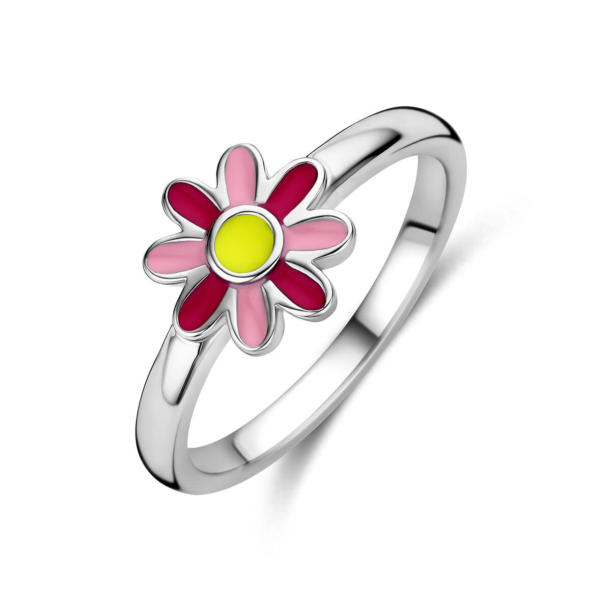 Anello in argento 925 rodiato con fiore smaltato nei colori rosa e giallo.