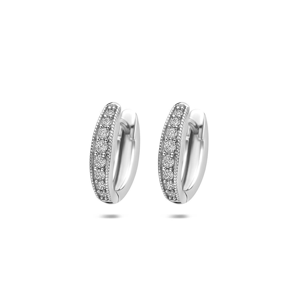 Orecchini alla creola in argento 925 rodiato con zircone, forma curva e finitura lucida.