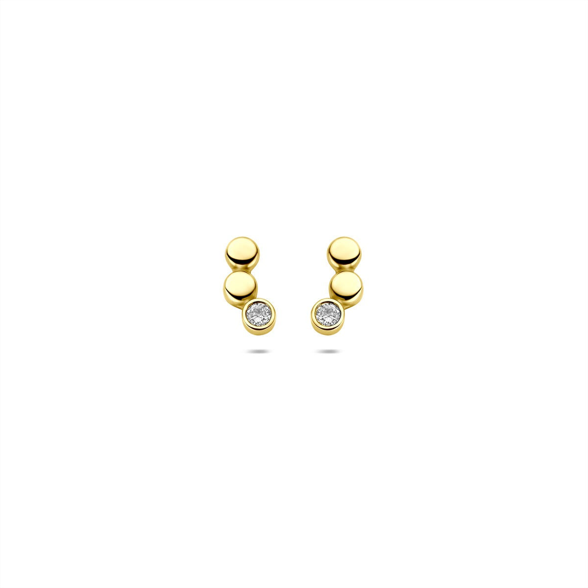 Orecchini in oro giallo 9k con tre sfere e zircone, dimensioni 8,5x4mm.