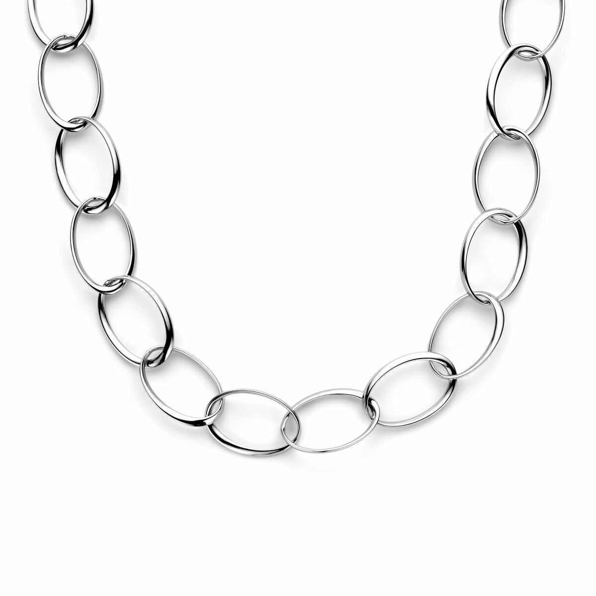 Collana in argento rodiato con maglie ovali, lunghezza 48 + 3 cm.