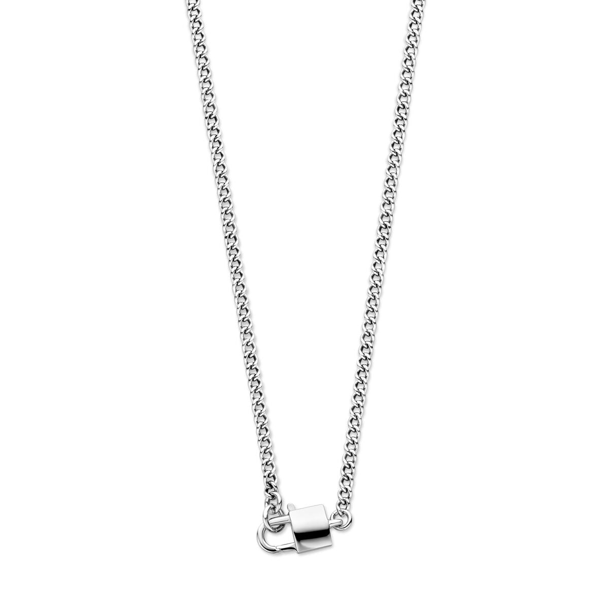 Zilveren gerhodineerde damesketting met een eenvoudige slot hanger en een fijne schakelstructuur.