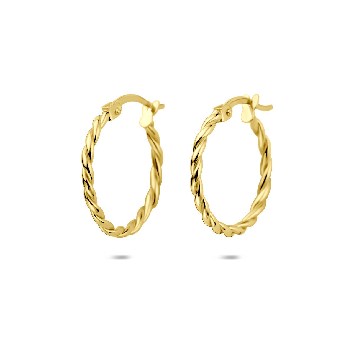 Orecchini alla creola in oro giallo 14k, con design intrecciato, diametro di 18 mm.