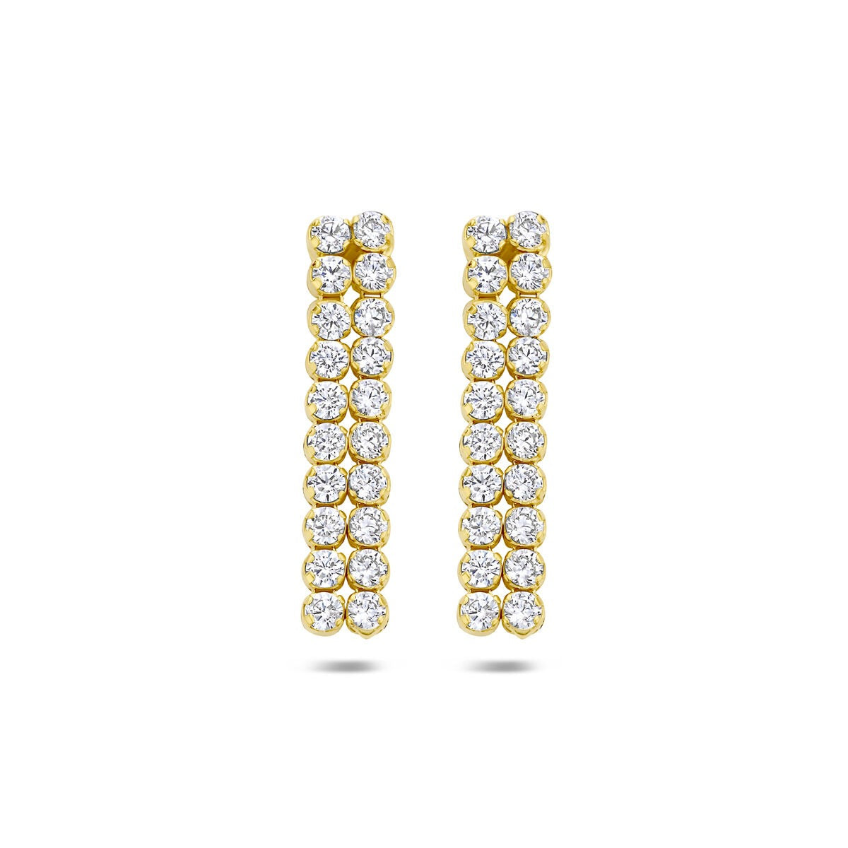 Orecchini in argento 925 dorato con zirconi, forma rettangolare, dimensioni 24 x 5 mm.
