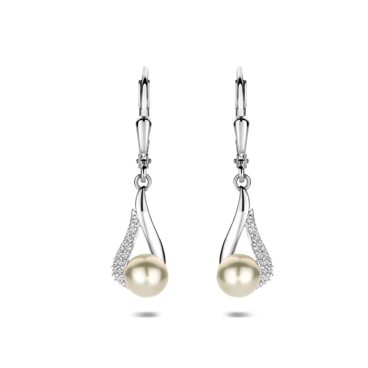 Orecchini in argento rodiato 925 con perla e zirconi, lunghezza 30 mm.