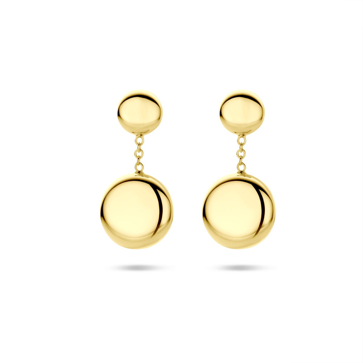 Orecchini da donna in oro giallo 14k con pendenti rotondi lucidi.