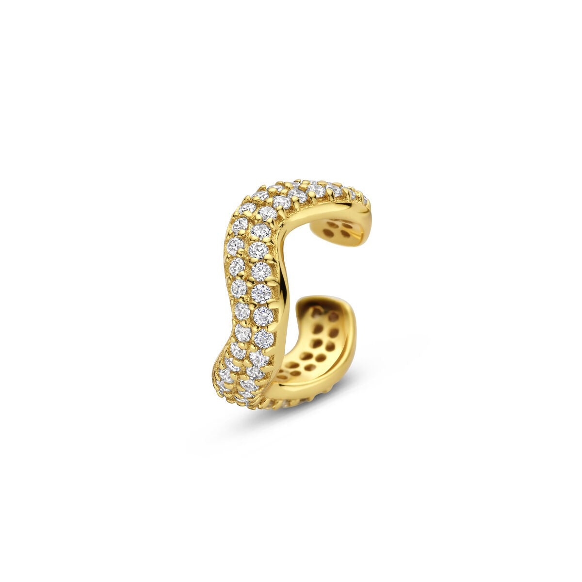Ear cuff in argento dorato con zirconi, design ondulato e dettagli scintillanti.