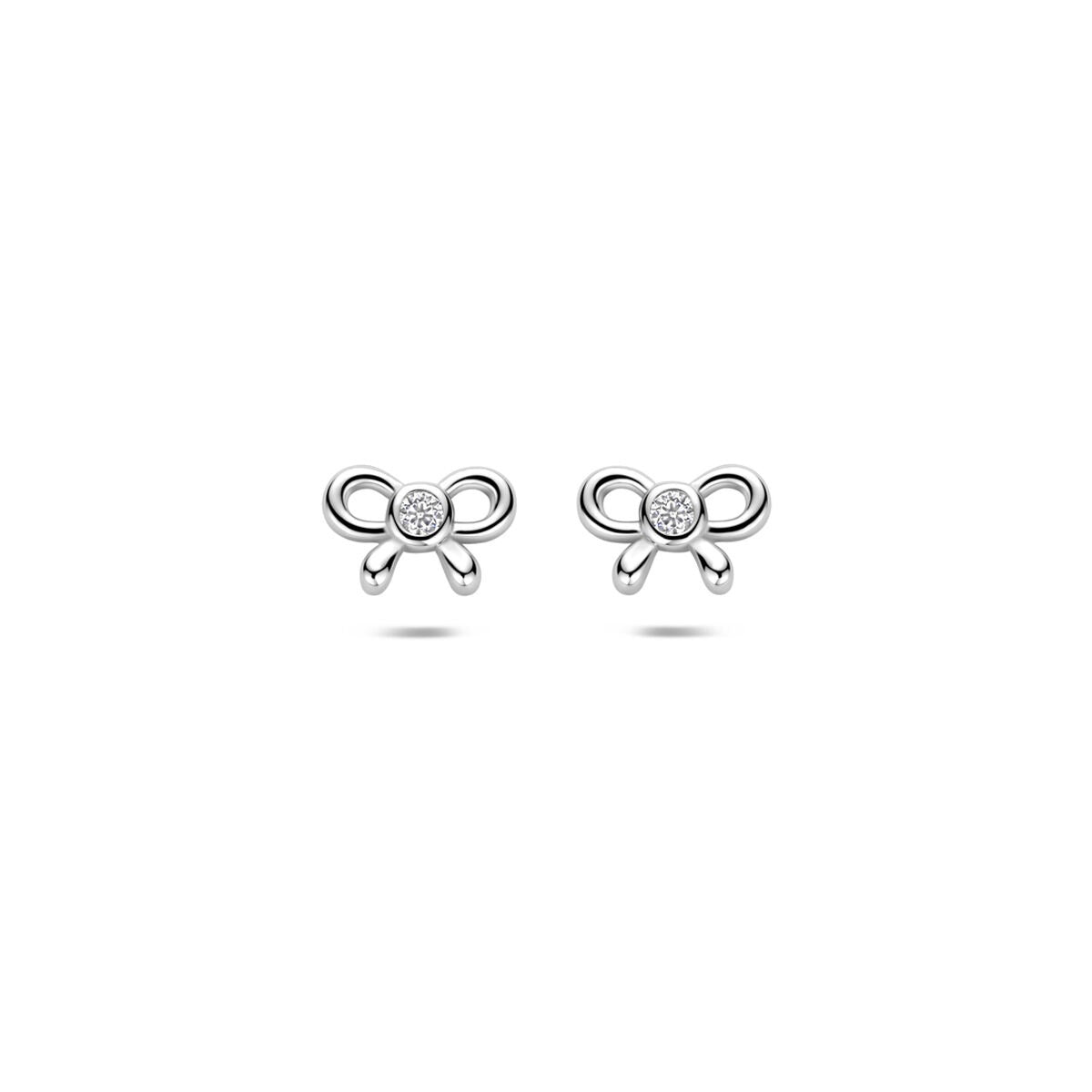 Orecchini a bottone in argento 925 rodiato a forma di fiocco con zirconi.