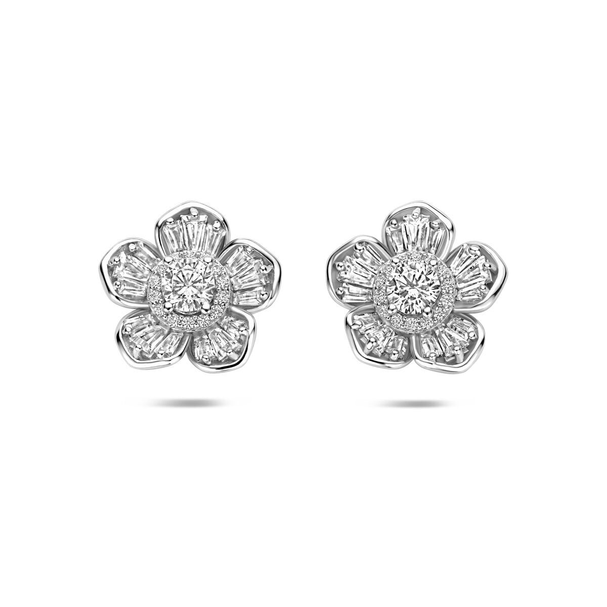 Orecchini a forma di fiore in argento rodiato con zirconi.