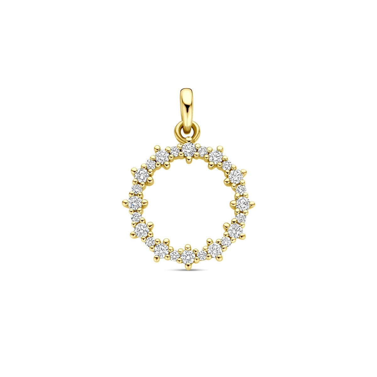 Ciondolo in oro giallo 14k con diamanti da 0,25 ct, forma circolare, altezza 18 mm.