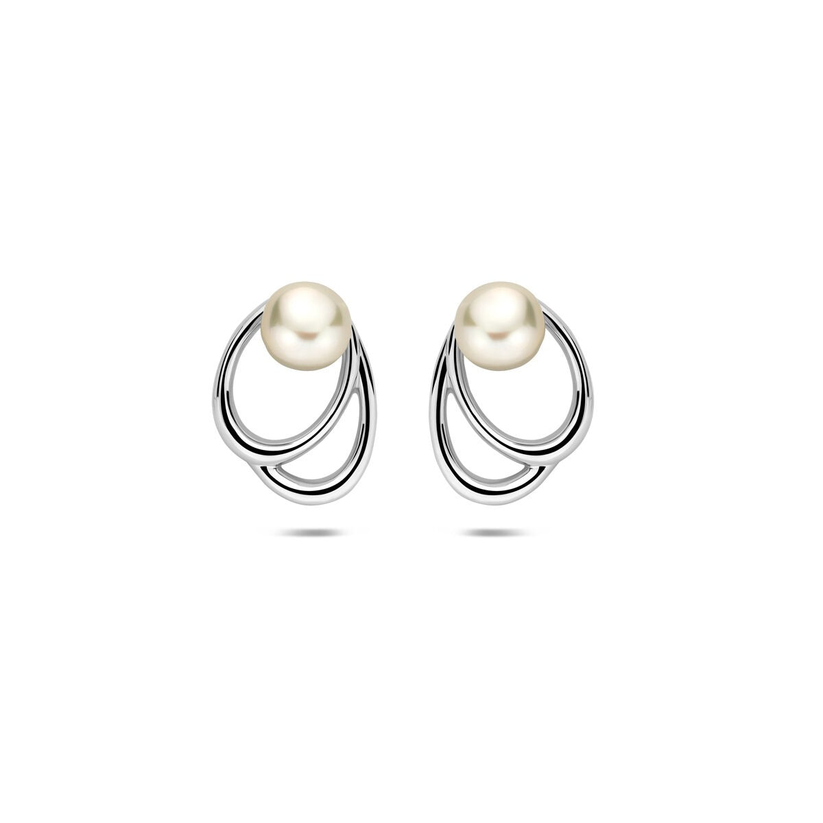 Orecchini in argento rodiato con perla bianca, forma ondulata, diametro 12,5 mm.