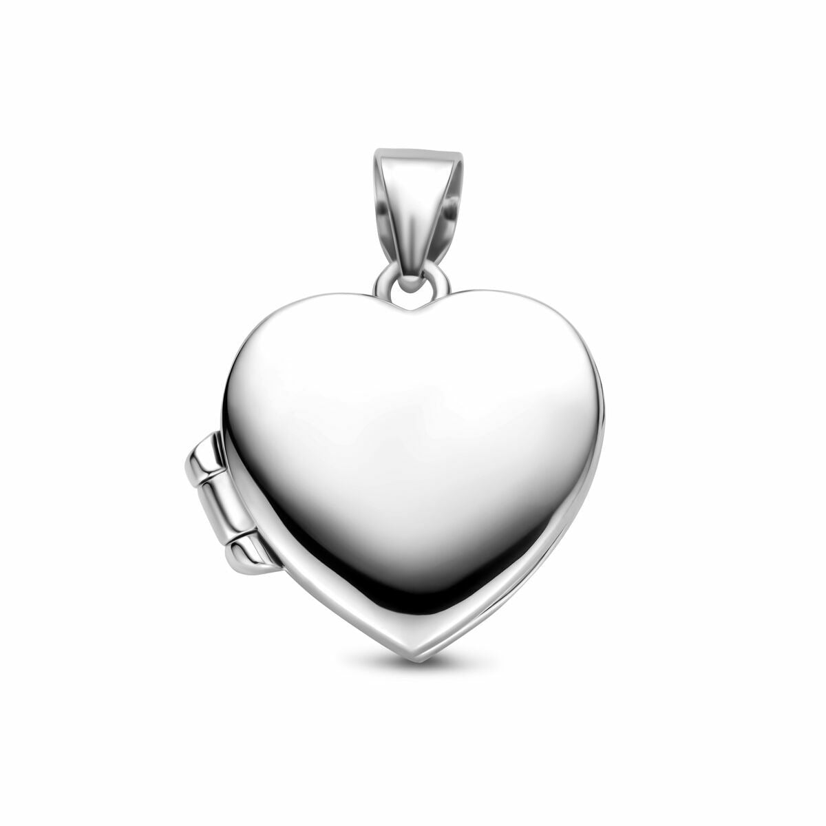 Ciondolo a forma di cuore in argento lucido, dimensione 15,5 mm.
