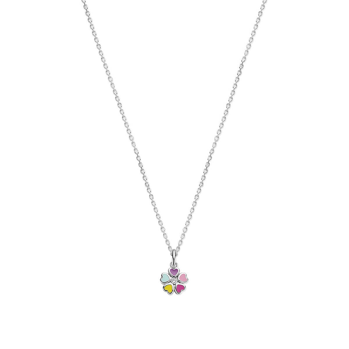 Zilveren kinderketting met een kleurrijke bloem van emaille en zirkonia, hangend aan een fijne schakelketting.