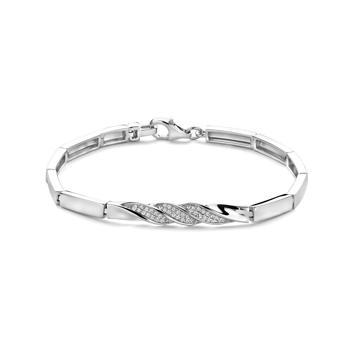 Gerhodineerde 925 zilveren armband met een golvende schakel en zirkonia-inzet.