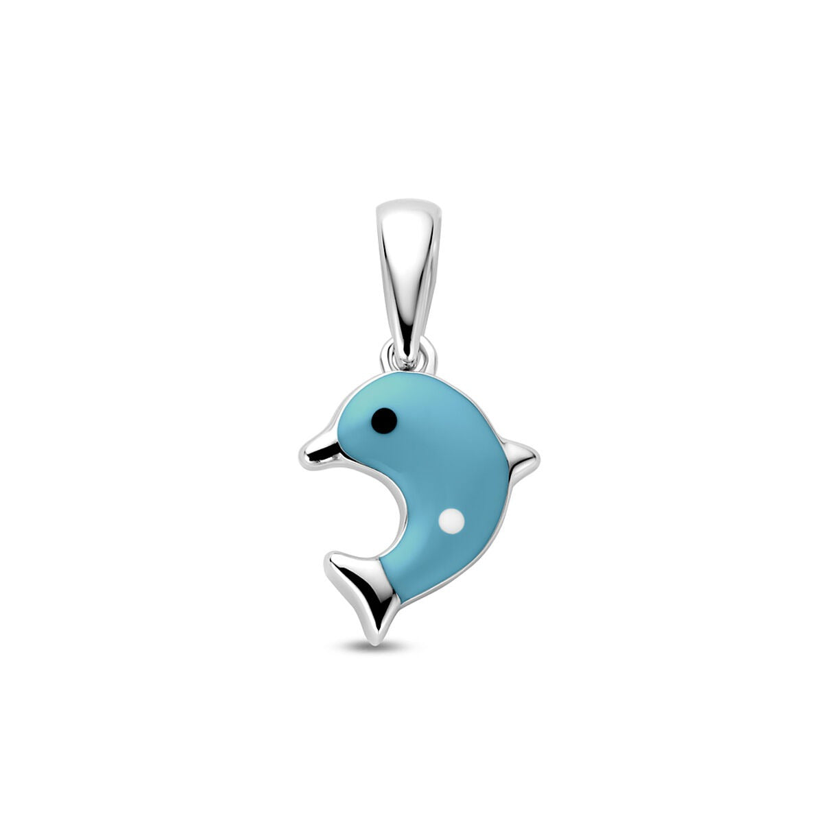 Ciondolo per bambini a forma di delfino in argento 925 rodiato con smalto blu.