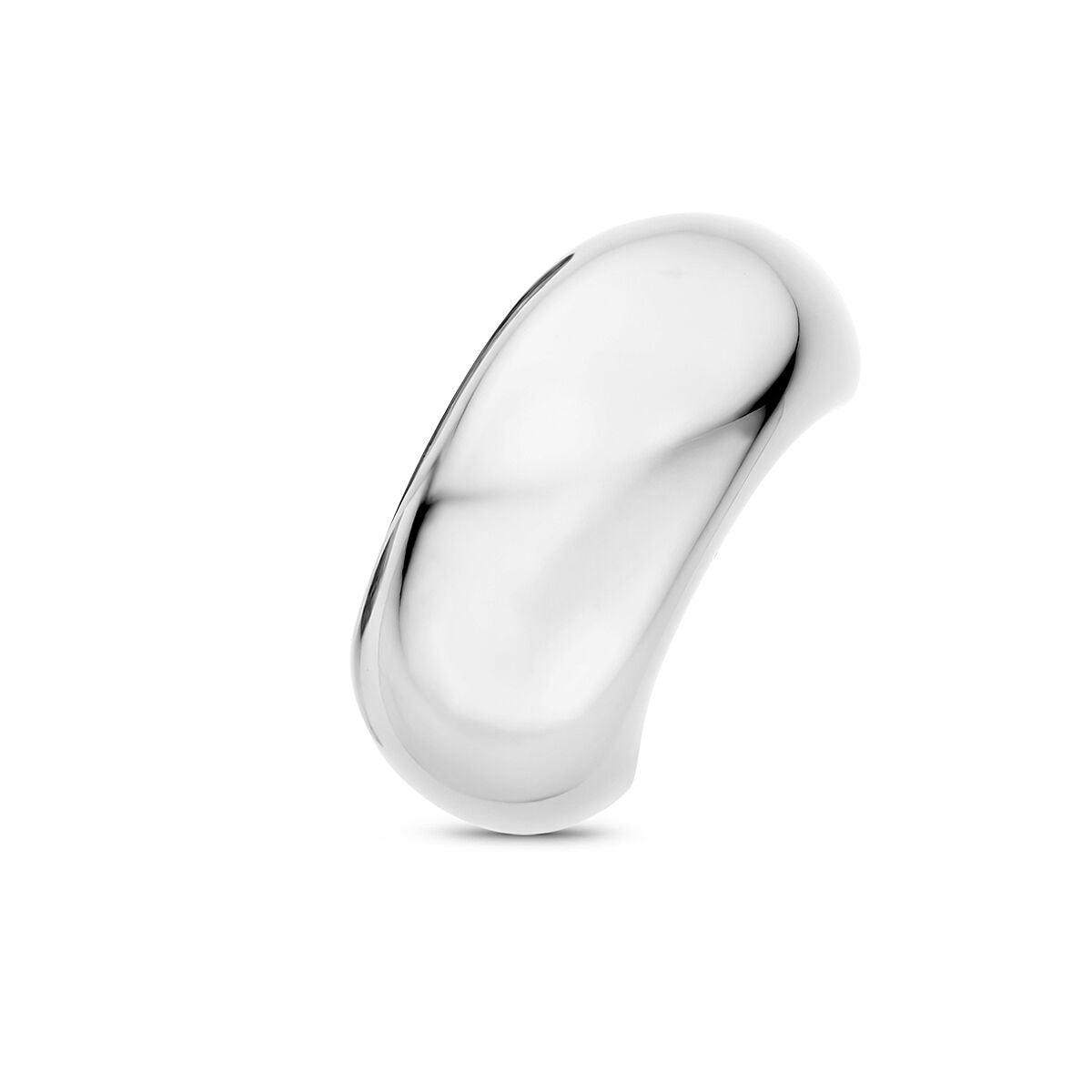 Cuff in acciaio con design argentato lucido e forma curva.