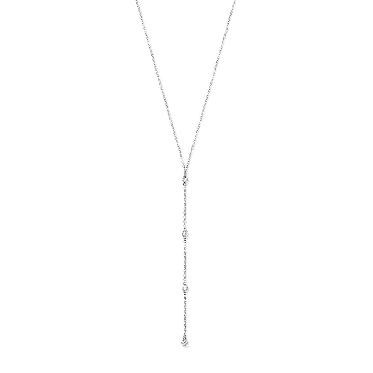 Collana Y in argento rodiato con zircone, caratterizzata da una catena sottile e pendenti luminosi.