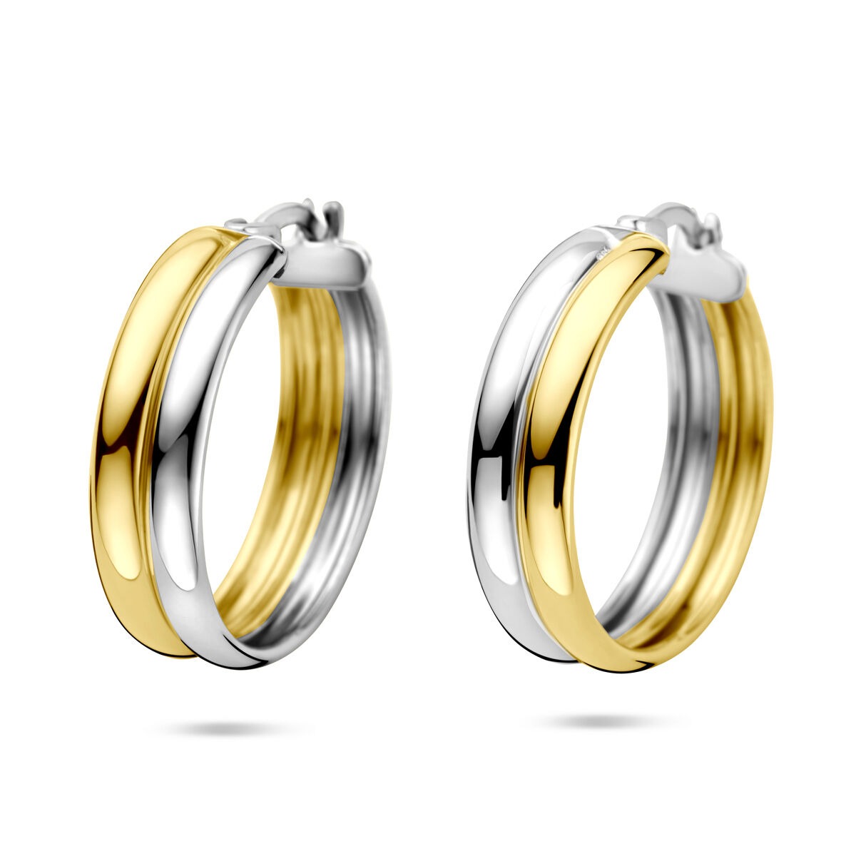Bicolor zilveren oorringen van 925 zilver met een vergulde en gerhodineerde afwerking, 23x6 mm.