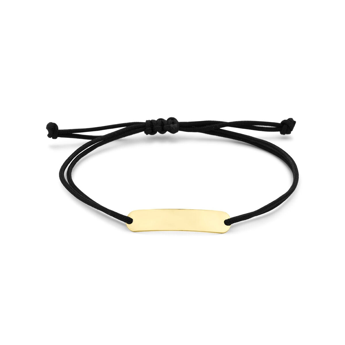 Bracciale in oro giallo 14k con placca per incisione e cordino in poliestere nero.