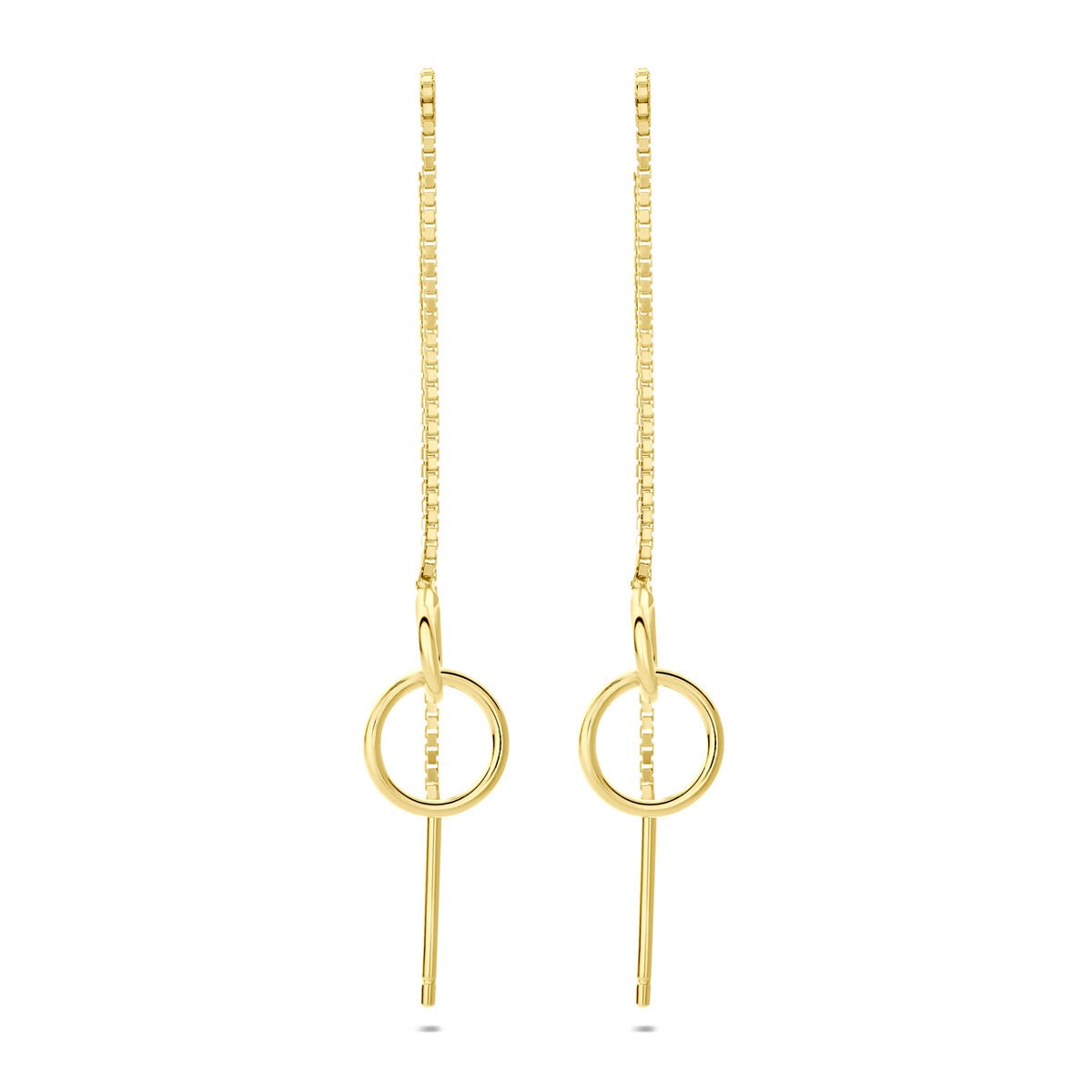 Orecchini pendenti a catena in argento dorato con anello e barra.