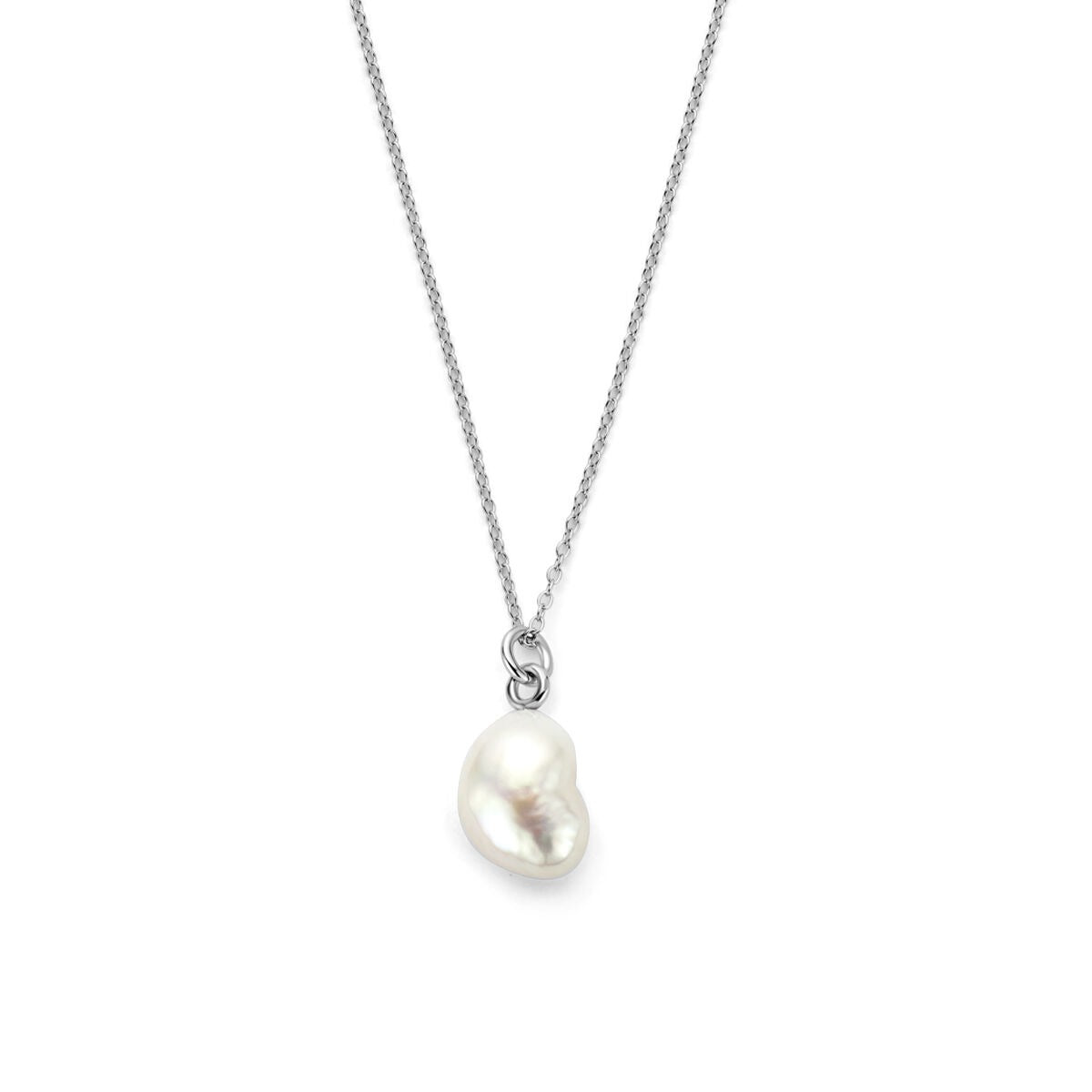 Gerhodineerd 925k zilveren collier met een grote, onregelmatige parel als hanger.