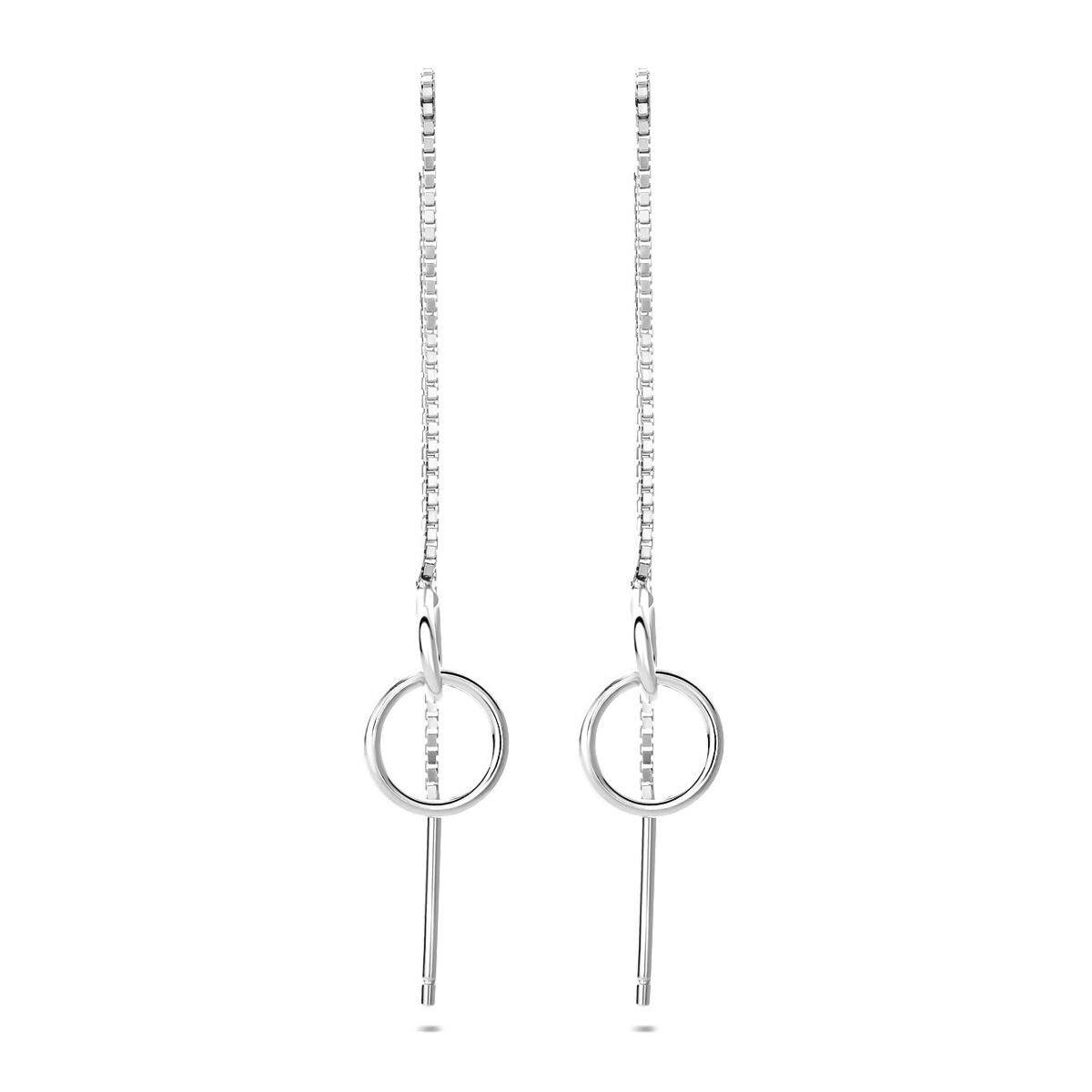 Orecchini pendenti a catena in argento rodiato con cerchio e barra.
