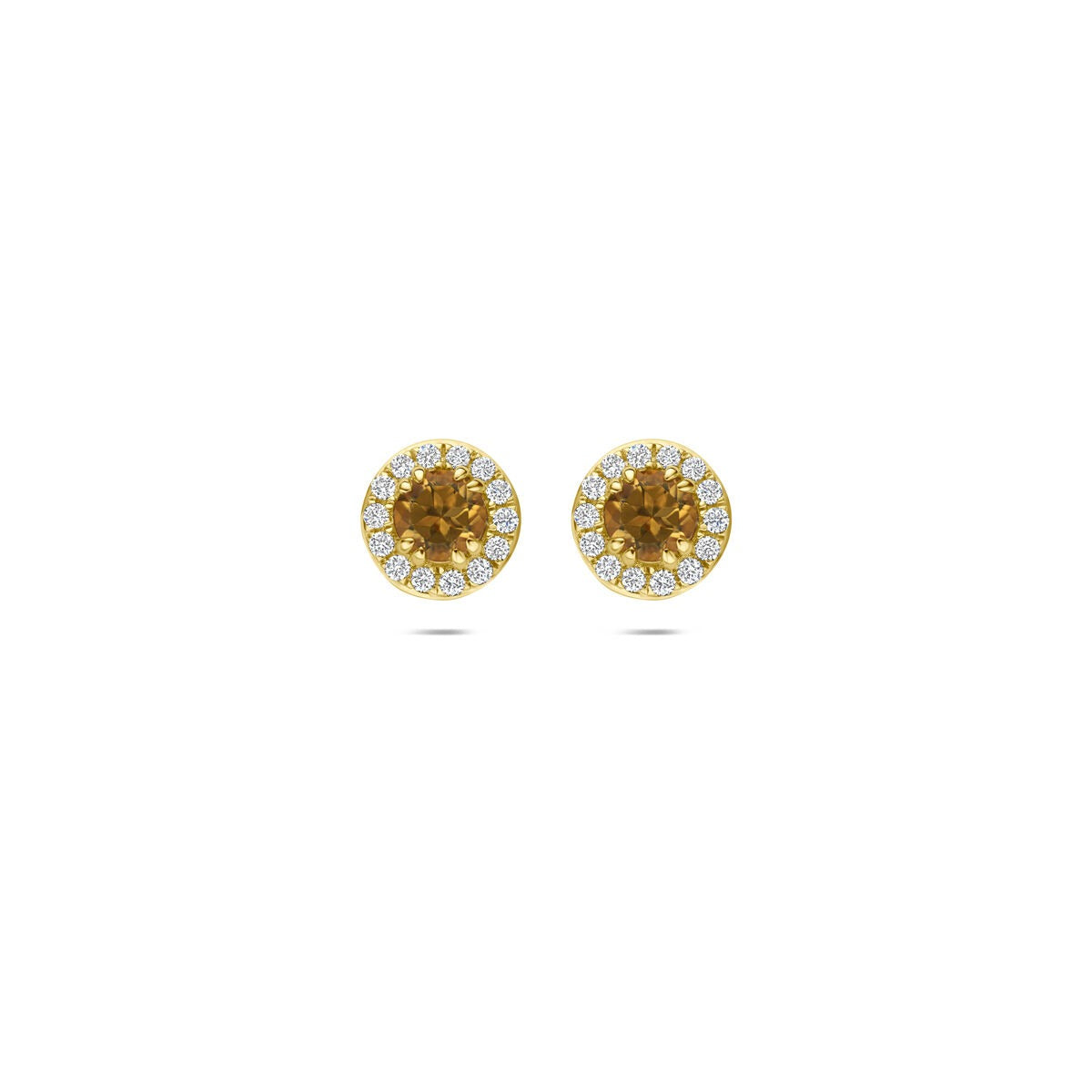 Orecchini in oro giallo 14k con citrino e diamanti lab-grown, forma rotonda.