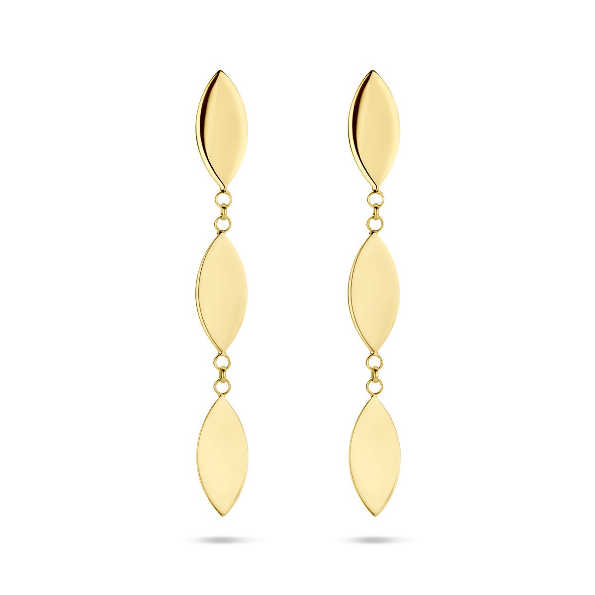 Orecchini pendenti in oro giallo 14K con forme ovali e dettagli lucidi, lunghi 37 mm.