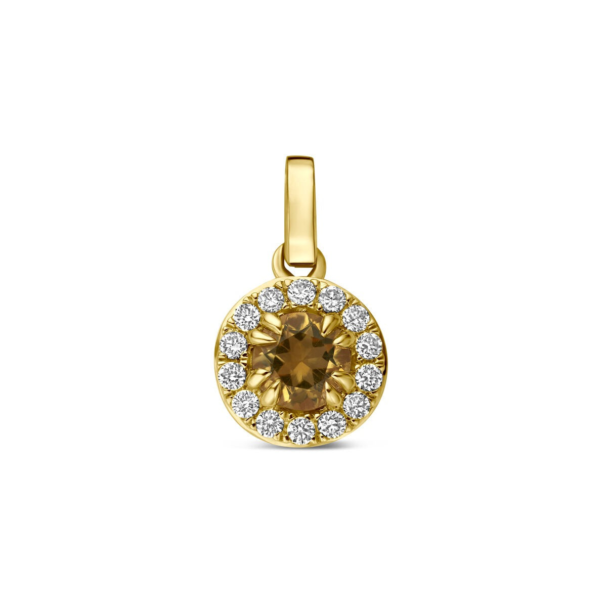 Ciondolo in oro giallo 14k con citrino centrale e diamanti lab grown incastonati.